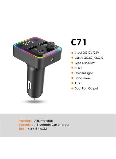 3-in-1 Bluetooth-compatible Car Charger PD 30W Cigarette Lighter Charger Adapter with FM Transmitter C71 (L4.3 x H7.4)cm