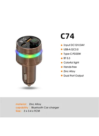 PD30W Bluetooth-compatible 5.3 Car Charger Fast Charging with Digital Display C74 (D3.5 x H8.7)cm