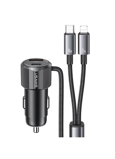 66W Dual Port USB-A+Type-C Car Charger Adapter with Built-in Type-C &amp; Lightning Cable CC287 