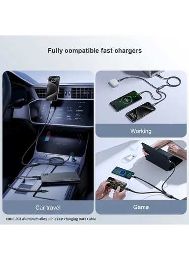 3-in-1 1.2m Multi-Head Fast Charging Data Cable, Multi-Use Type-C, Micro, Lightning Charging Cable XDDC-034
