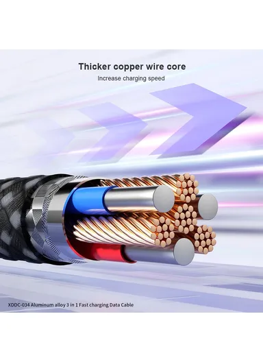 3-in-1 1.2m Multi-Head Fast Charging Data Cable, Multi-Use Type-C, Micro, Lightning Charging Cable XDDC-034