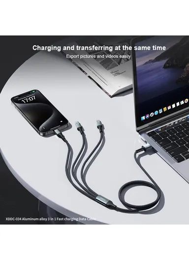 3-in-1 1.2m Multi-Head Fast Charging Data Cable, Multi-Use Type-C, Micro, Lightning Charging Cable XDDC-034