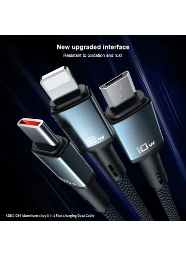 3-in-1 1.2m Multi-Head Fast Charging Data Cable, Multi-Use Type-C, Micro, Lightning Charging Cable XDDC-034