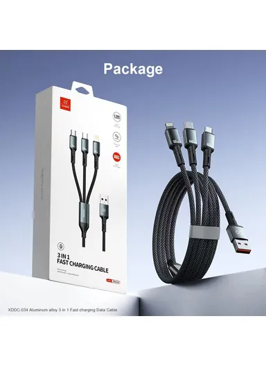 3-in-1 1.2m Multi-Head Fast Charging Data Cable, Multi-Use Type-C, Micro, Lightning Charging Cable XDDC-034