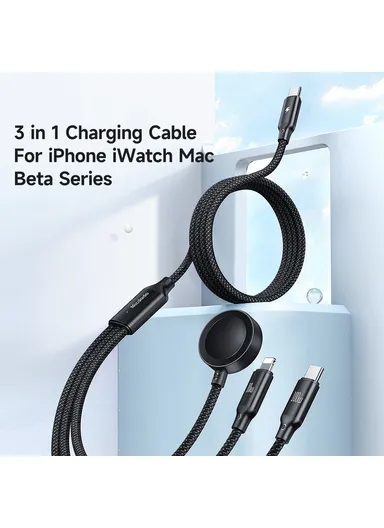 Beta Series for iPhone 15 Series 1.2m USB-C to Type-C + iP + Wireless Charger for Apple Watch 3 in 1 Charging Cable CA-4940 - Black