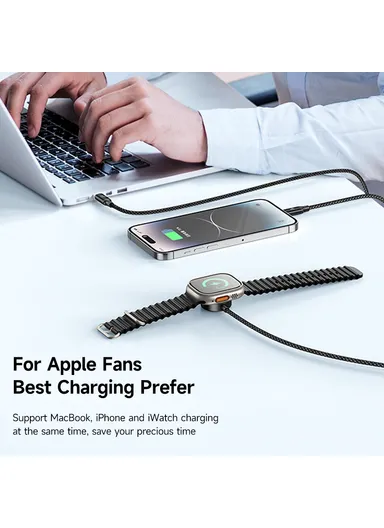 Beta Series for iPhone 15 Series 1.2m USB-C to Type-C + iP + Wireless Charger for Apple Watch 3 in 1 Charging Cable CA-4940 - Black