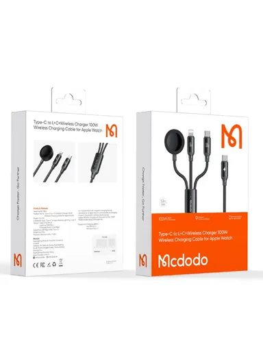 Beta Series for iPhone 15 Series 1.2m USB-C to Type-C + iP + Wireless Charger for Apple Watch 3 in 1 Charging Cable CA-4940 - Black