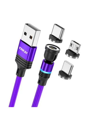 1m Rotation Magnetic Cable 3A USB to iP / Type-C / Micro USB Data Cord with LED Light - Purple