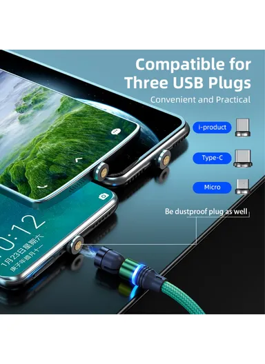 1m Rotation Magnetic Cable 3A USB to iP / Type-C / Micro USB Data Cord with LED Light - Purple