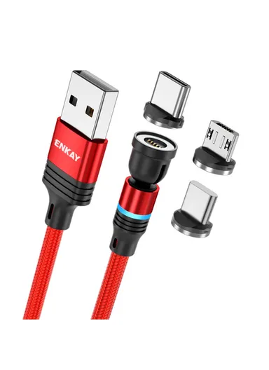1m Rotation Magnetic Cable 3A USB to iP / Type-C / Micro USB Data Cord with LED Light - Red