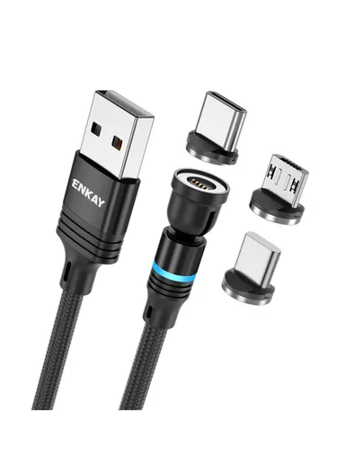 1m Rotation Magnetic Cable 3A USB to iP / Type-C / Micro USB Data Cord with LED Light - Black