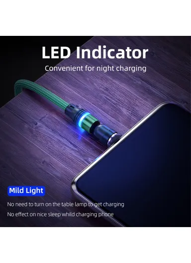 1m Rotation Magnetic Cable 3A USB to iP / Type-C / Micro USB Data Cord with LED Light - Black