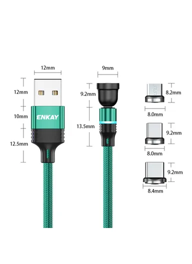 1m Rotation Magnetic Cable 3A USB to iP / Type-C / Micro USB Data Cord with LED Light - Black