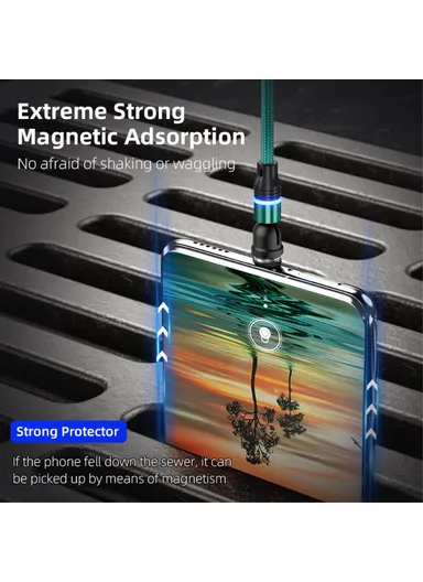 1m Rotation Magnetic Cable 3A USB to iP / Type-C / Micro USB Data Cord with LED Light - Black