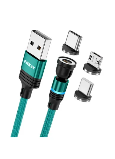 1m Rotation Magnetic Cable 3A USB to iP / Type-C / Micro USB Data Cord with LED Light - Green