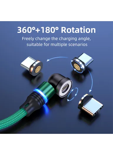 1m Rotation Magnetic Cable 3A USB to iP / Type-C / Micro USB Data Cord with LED Light - Green