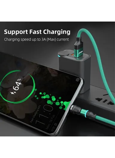 1m Rotation Magnetic Cable 3A USB to iP / Type-C / Micro USB Data Cord with LED Light - Green