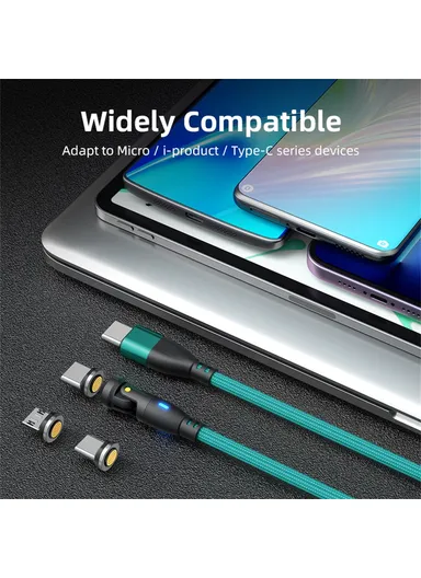2m 3-in-1 Multi-Head Lightning/Micro/Type-C Magnetic Data Cable, 540-Degree 60W Fast Charging Cord E9 - Green