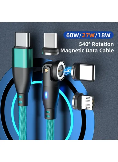 2m 3-in-1 Multi-Head Lightning/Micro/Type-C Magnetic Data Cable, 540-Degree 60W Fast Charging Cord E9 - Green