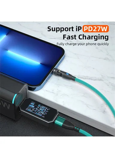 2m 3-in-1 Multi-Head Lightning/Micro/Type-C Magnetic Data Cable, 540-Degree 60W Fast Charging Cord E9 - Green