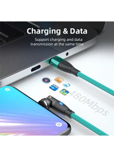 2m 3-in-1 Multi-Head Lightning/Micro/Type-C Magnetic Data Cable, 540-Degree 60W Fast Charging Cord E9 - Green