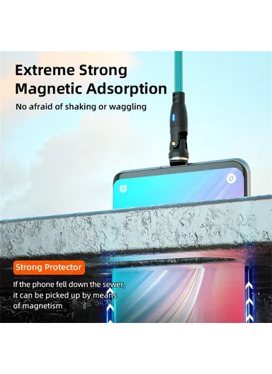 2m 3-in-1 Multi-Head Lightning/Micro/Type-C Magnetic Data Cable, 540-Degree 60W Fast Charging Cord E9 - Green