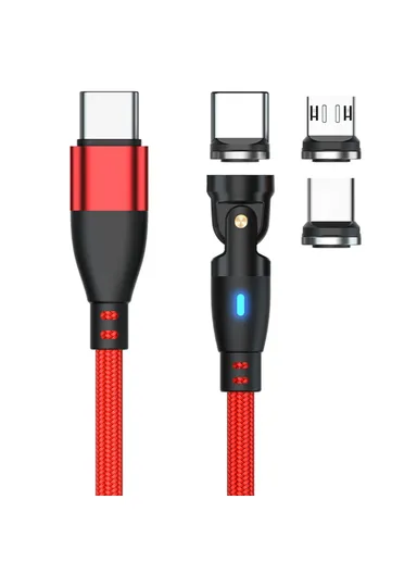 2m 3-in-1 Multi-Head Lightning/Micro/Type-C Magnetic Data Cable, 540-Degree 60W Fast Charging Cord E9 - Red