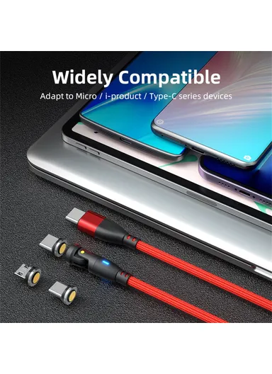 2m 3-in-1 Multi-Head Lightning/Micro/Type-C Magnetic Data Cable, 540-Degree 60W Fast Charging Cord E9 - Red