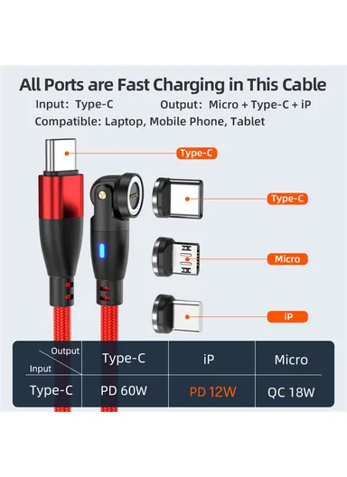 2m 3-in-1 Multi-Head Lightning/Micro/Type-C Magnetic Data Cable, 540-Degree 60W Fast Charging Cord E9 - Red
