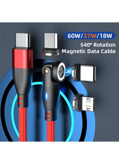 2m 3-in-1 Multi-Head Lightning/Micro/Type-C Magnetic Data Cable, 540-Degree 60W Fast Charging Cord E9 - Red