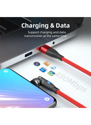 2m 3-in-1 Multi-Head Lightning/Micro/Type-C Magnetic Data Cable, 540-Degree 60W Fast Charging Cord E9 - Red