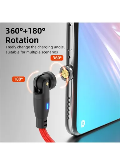 2m 3-in-1 Multi-Head Lightning/Micro/Type-C Magnetic Data Cable, 540-Degree 60W Fast Charging Cord E9 - Red