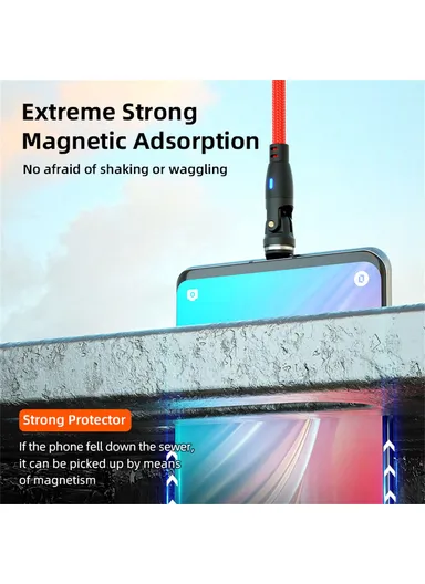 2m 3-in-1 Multi-Head Lightning/Micro/Type-C Magnetic Data Cable, 540-Degree 60W Fast Charging Cord E9 - Red