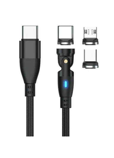 2m 3-in-1 Multi-Head Lightning/Micro/Type-C Magnetic Data Cable, 540-Degree 60W Fast Charging Cord E9 - Black