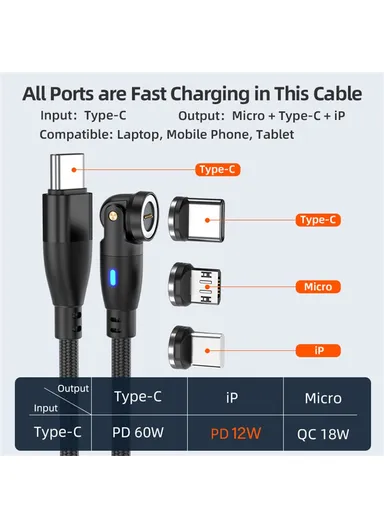 2m 3-in-1 Multi-Head Lightning/Micro/Type-C Magnetic Data Cable, 540-Degree 60W Fast Charging Cord E9 - Black