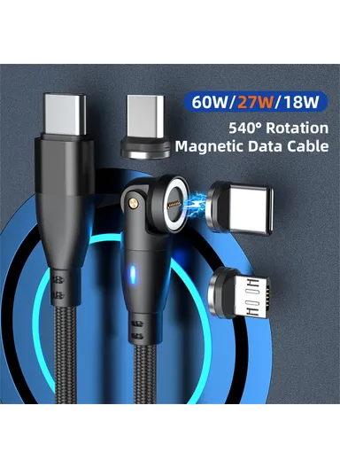 2m 3-in-1 Multi-Head Lightning/Micro/Type-C Magnetic Data Cable, 540-Degree 60W Fast Charging Cord E9 - Black