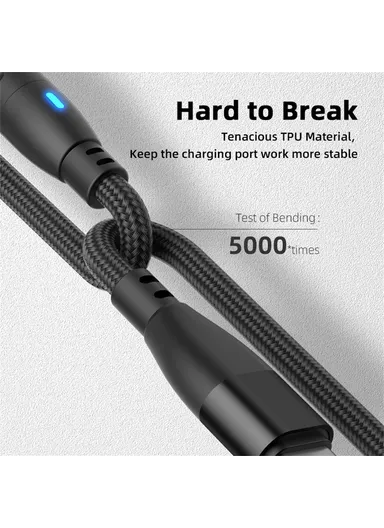 2m 3-in-1 Multi-Head Lightning/Micro/Type-C Magnetic Data Cable, 540-Degree 60W Fast Charging Cord E9 - Black
