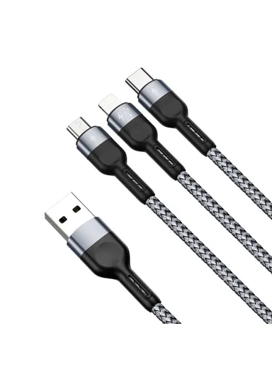 3-in-1 3.5A Multi-Head Micro, Lightning, Type-C Nylon Braided Charging &amp; Data Transfer Cable A3 