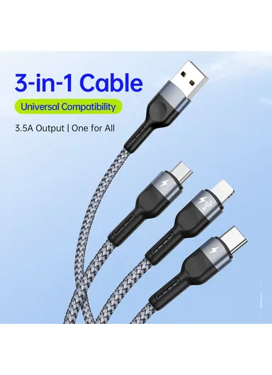 3-in-1 3.5A Multi-Head Micro, Lightning, Type-C Nylon Braided Charging &amp; Data Transfer Cable A3 