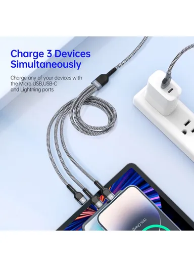 3-in-1 3.5A Multi-Head Micro, Lightning, Type-C Nylon Braided Charging &amp; Data Transfer Cable A3 