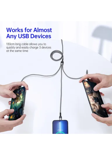 3-in-1 3.5A Multi-Head Micro, Lightning, Type-C Nylon Braided Charging &amp; Data Transfer Cable A3 