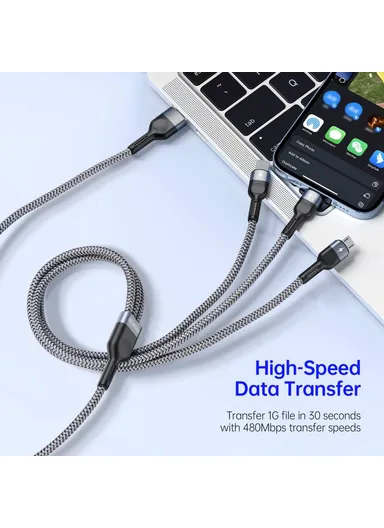 3-in-1 3.5A Multi-Head Micro, Lightning, Type-C Nylon Braided Charging &amp; Data Transfer Cable A3 