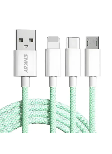 3-in-1 60W Multi-Head Braided Wire Charging &amp; Data Cable, 1.5m USB to Lightning, Type-C, Micro Charging Cable - Green
