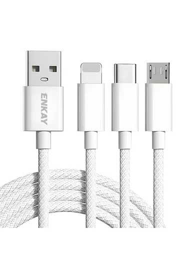 3-in-1 60W Multi-Head Braided Wire Charging &amp; Data Cable, 1.5m USB to Lightning, Type-C, Micro Charging Cable - White