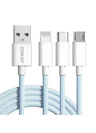 3-in-1 60W Multi-Head Braided Wire Charging &amp; Data Cable, 1.5m USB to Lightning, Type-C, Micro Charging Cable - Blue