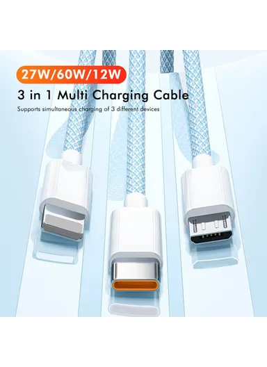 3-in-1 60W Multi-Head Braided Wire Charging &amp; Data Cable, 1.5m USB to Lightning, Type-C, Micro Charging Cable - Blue
