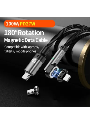 100W/PD 27W 1m Magnetic Multi-Head Fast Charging Cable, 180-Degree Rotation Type-C to Type-C/Lightning Charging &amp; Data Transfer Cable