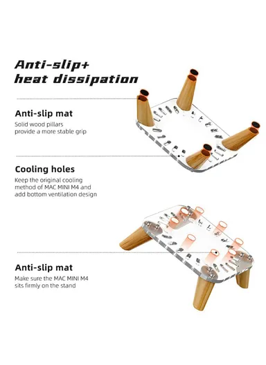 Mac Mini M4/M4 Pro Mini PC Stand Wood Cooling Vertical Base with Anti-Slip Mat AJM4-4