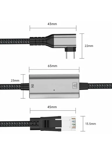 1.2m Elbow USB-C to Ethernet Adapter Cable 1000 / 100 / 10Mbps Gigabit RJ45 LAN Network Wire
