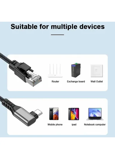 2m Elbow USB-C to Ethernet Adapter Cable 1000 / 100 / 10Mbps Gigabit RJ45 LAN Network Wire